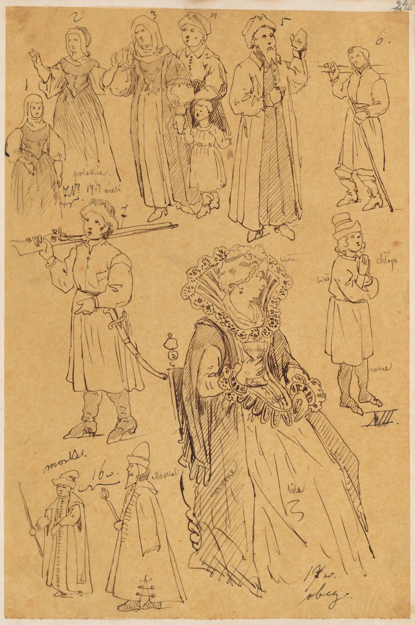 Skarbczyk. Zwölf Personen: Frauen, Männer, Kinder, Bauern, Moskauer, sitzende Dame, aus dem 16. und 17. Jahrhundert da Jan Matejko