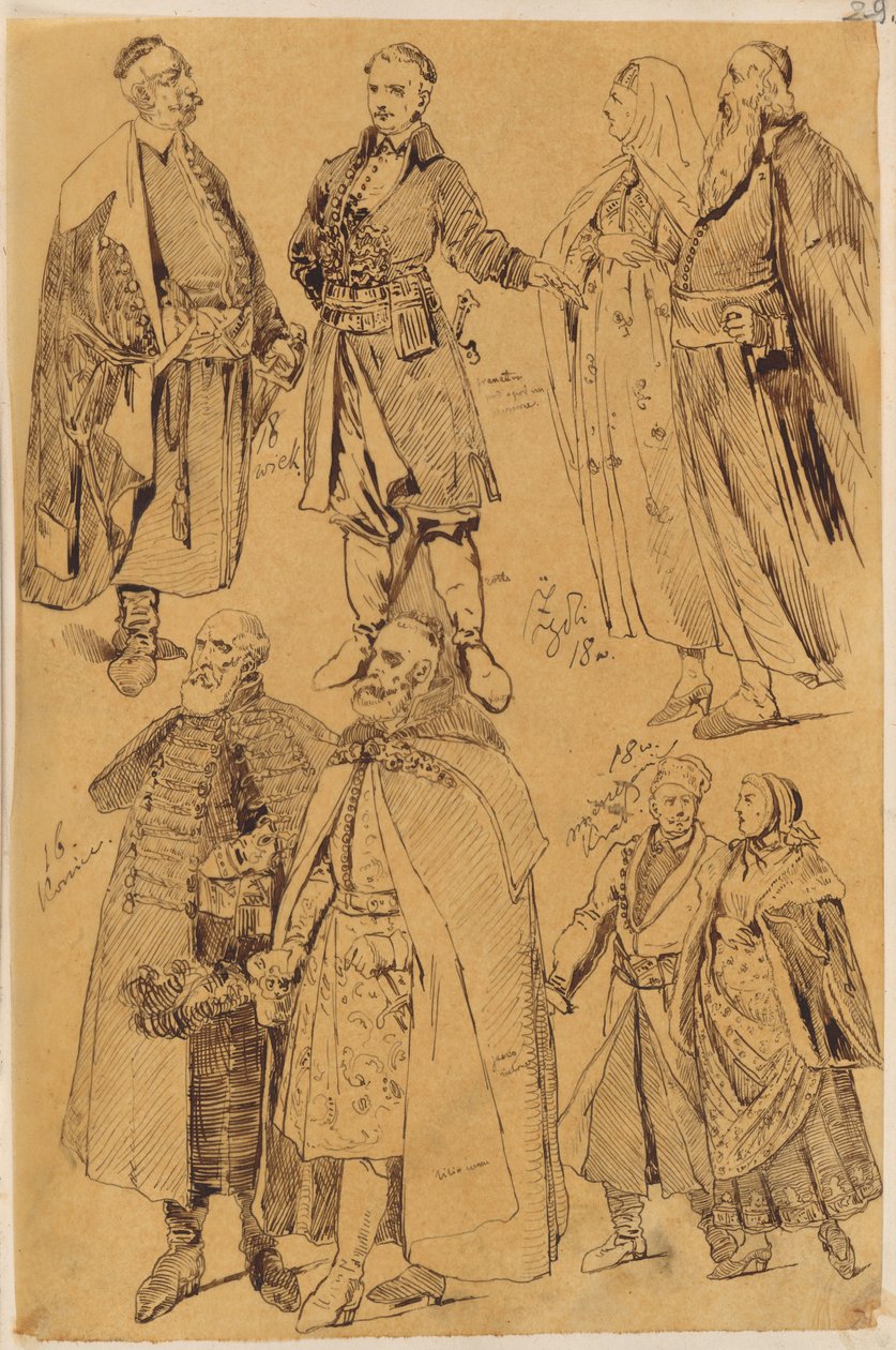 Skarbczyk. Acht Männer und Frauen in Kostümen des 16. und 18. Jahrhunderts da Jan Matejko