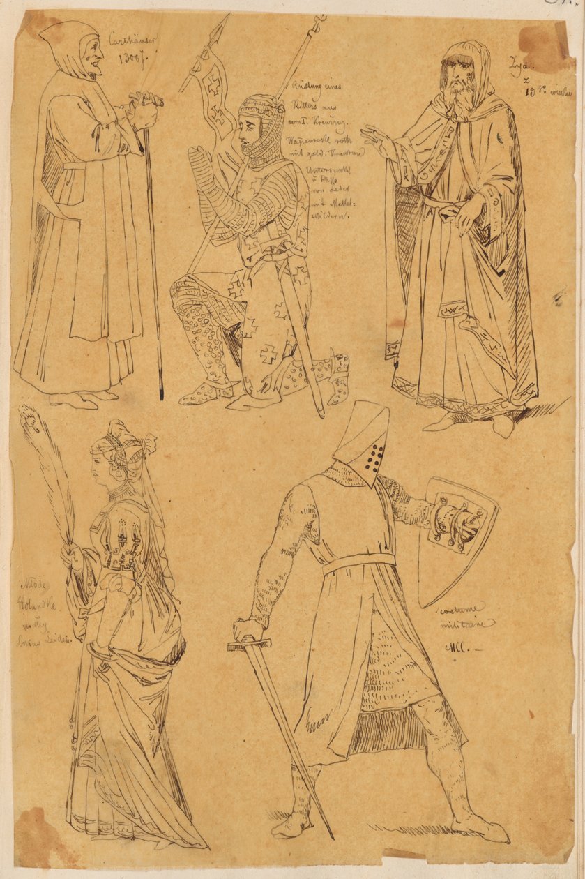 Skarbczyk. Fünf Figuren: Gelehrter, kniender Ritter, Jude, Frau, kämpfender Ritter da Jan Matejko