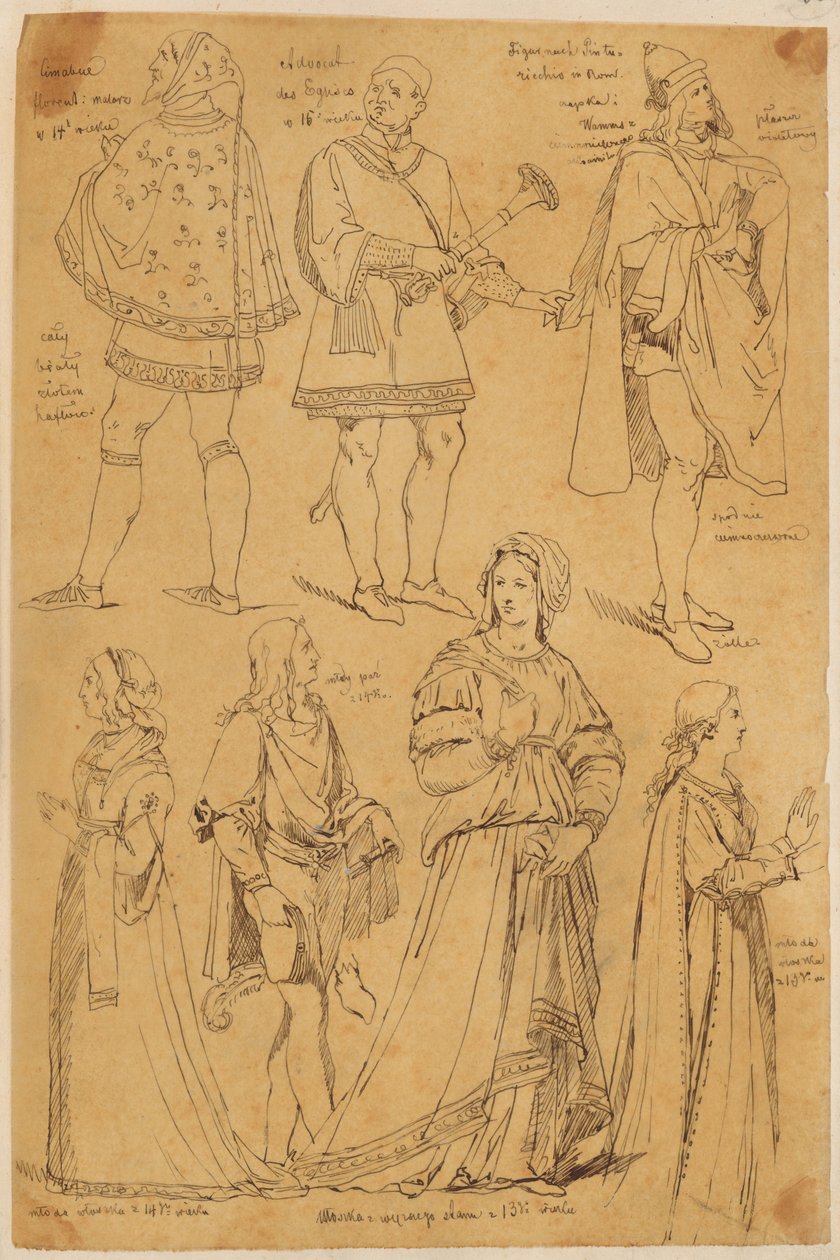Skarbczyk. Sieben Männer und Frauen in italienischen Gewändern aus dem 13., 14. und 15. Jahrhundert da Jan Matejko