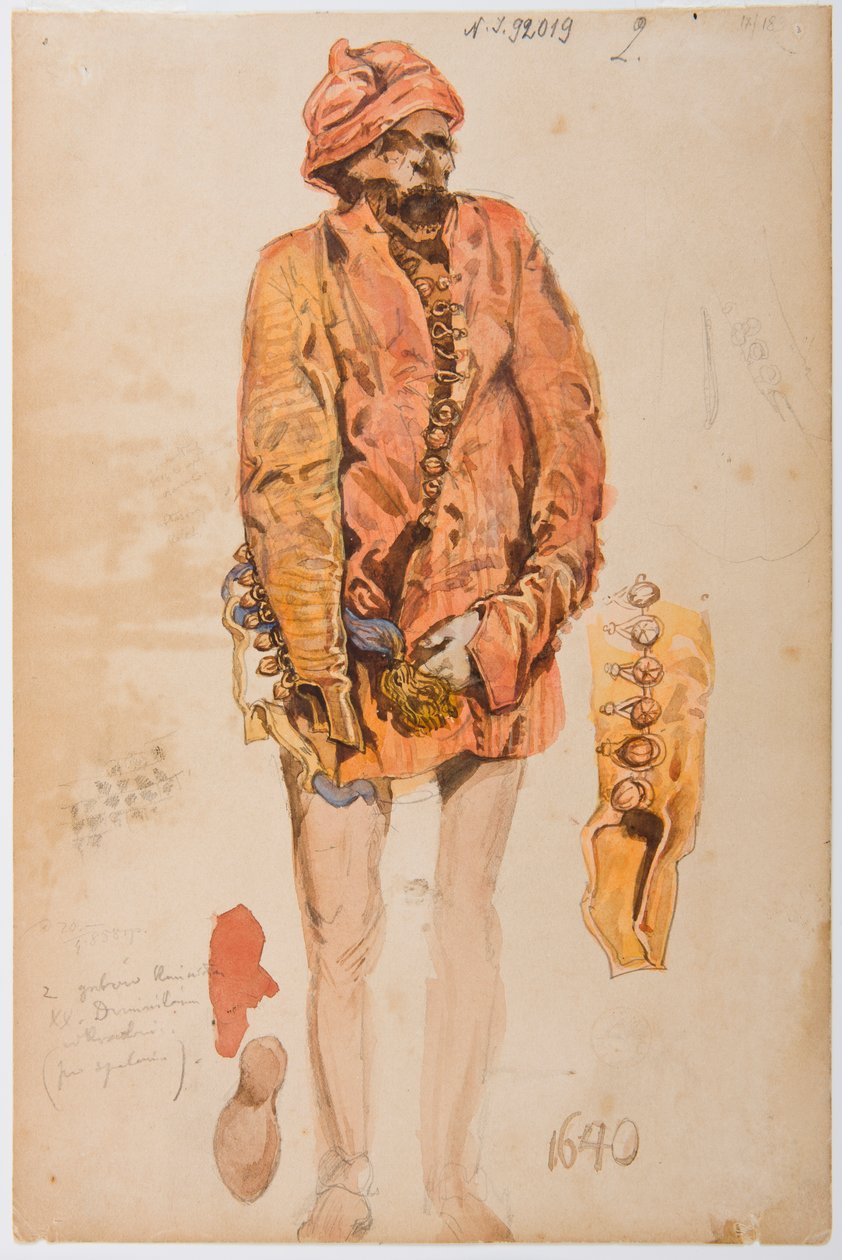 Kostümstudien aus dem 17. Jahrhundert - Leiche eines Mannes in rotem Żupan; Skizzen von Ärmel und Schuh da Jan Matejko