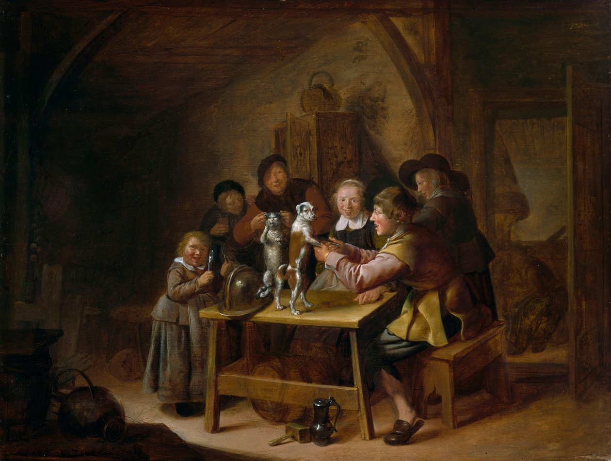 Bauern bringen einer Katze und einem Hund das Tanzen bei da Jan Miense Molenaer