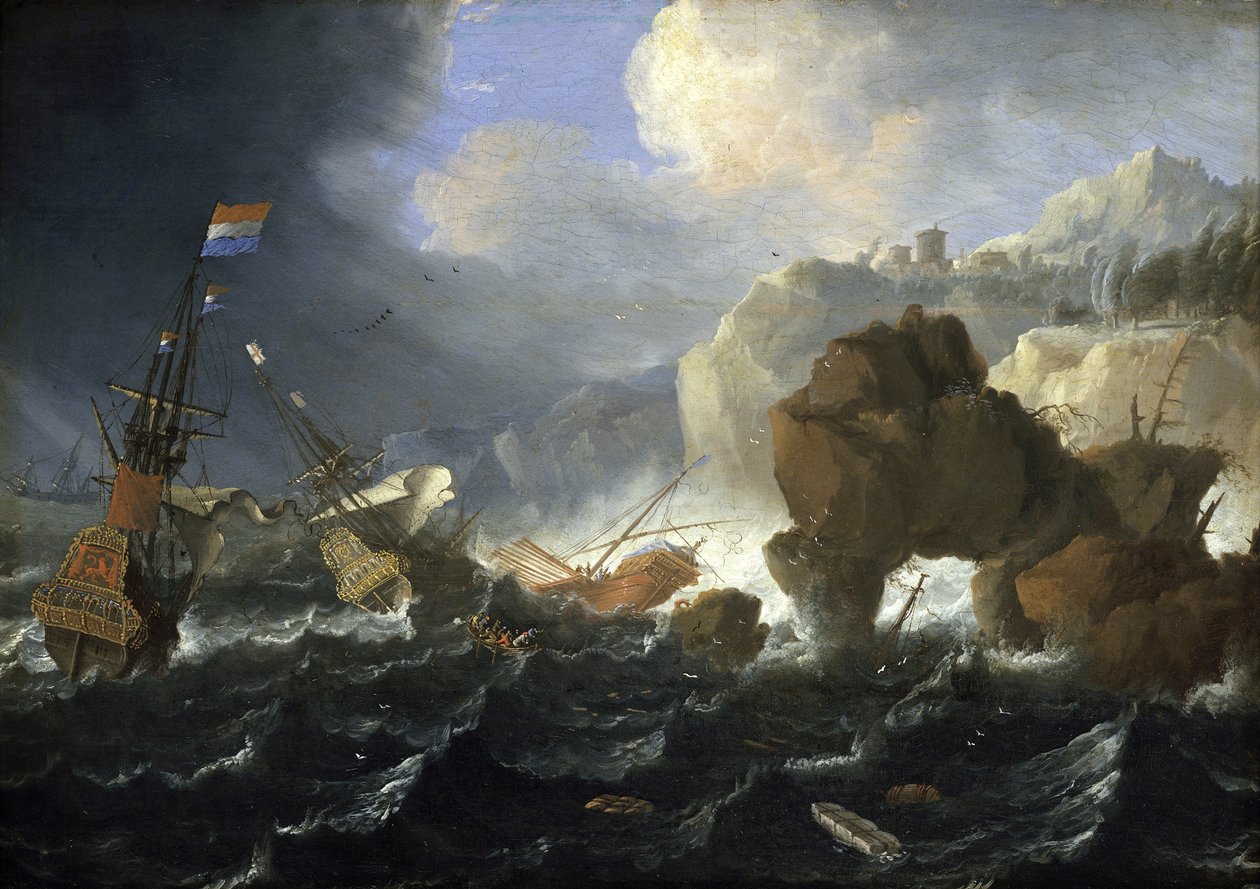 Una nave olandese e un galeone arenati su una costa rocciosa nella tempesta da Jan Peeters