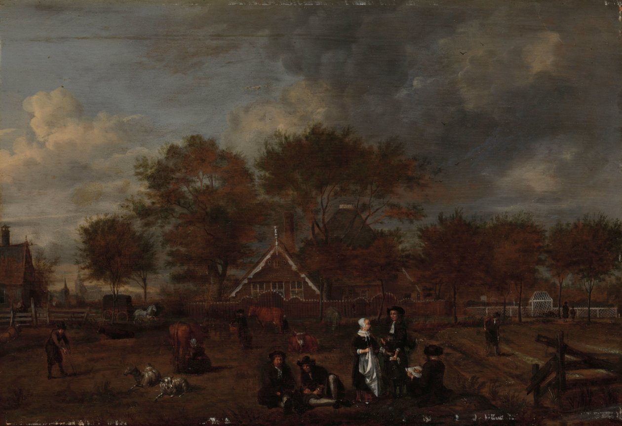 Fattoria con il contadino gentiluomo e sua moglie e il pittore in primo piano da Jan Pietersz Opperdoes