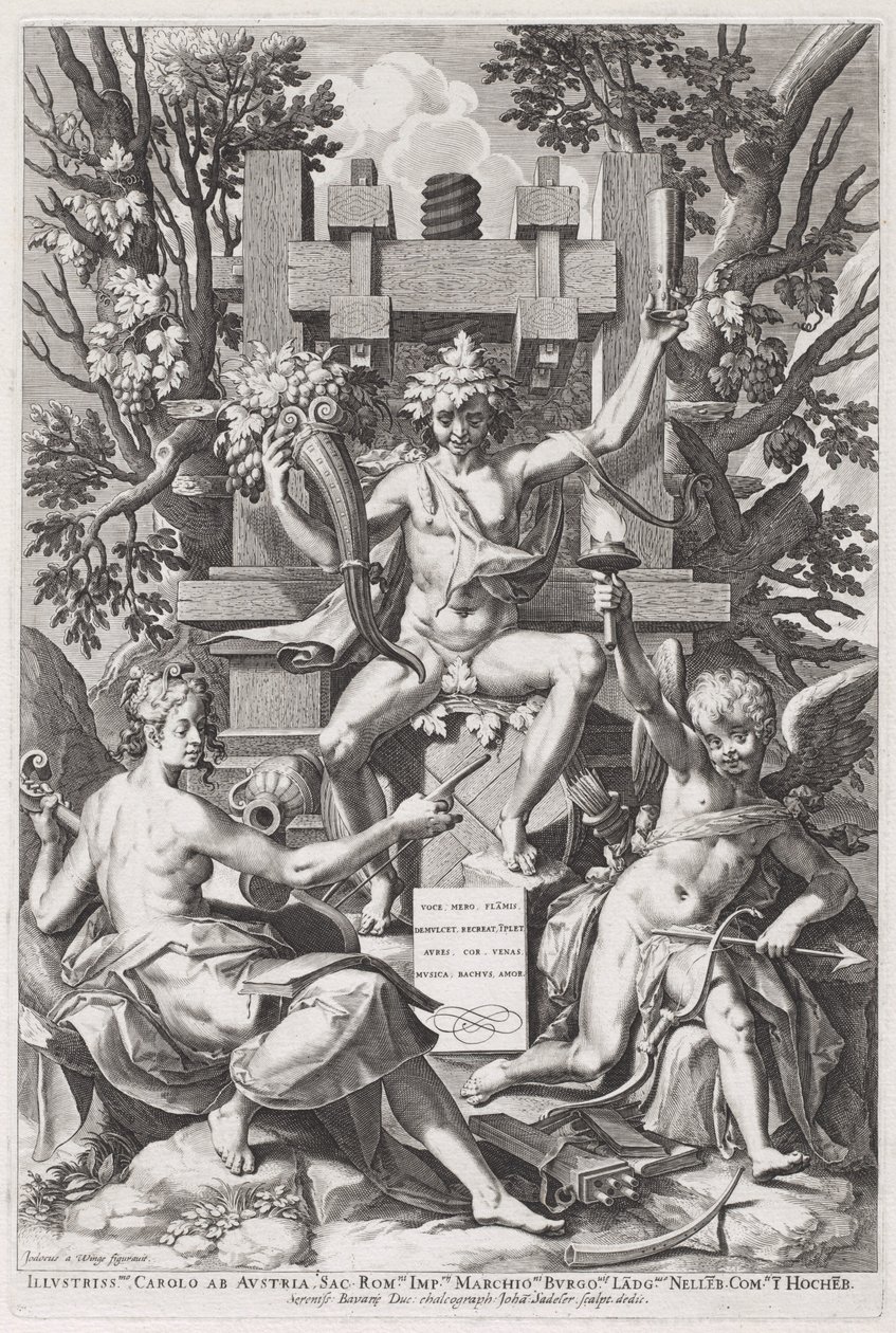 Bacco Seduto su una Botte tra Amore e Musica da Jan Sadeler I, after Joos van Winghe