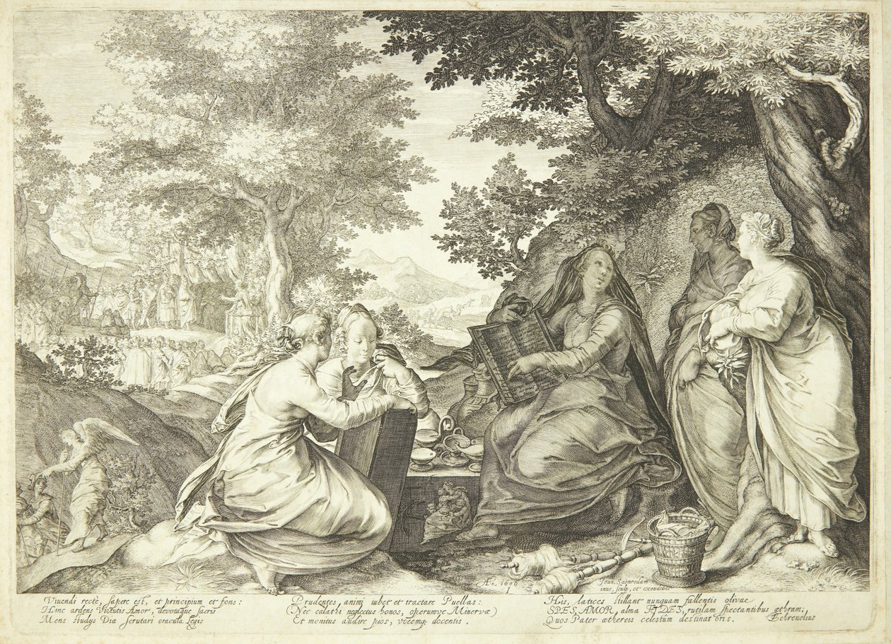 Le vergini sagge raccolte in un paesaggio, sullo sfondo Giovanni Battista che predica da Jan Saenredam