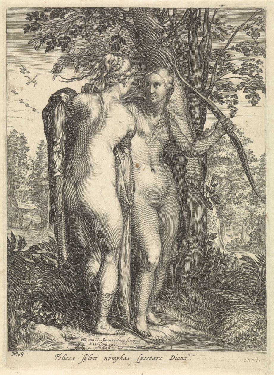 Diana e una ninfa davanti a un albero (serie: Diana e le sue ninfe) da Jan Saenredam
