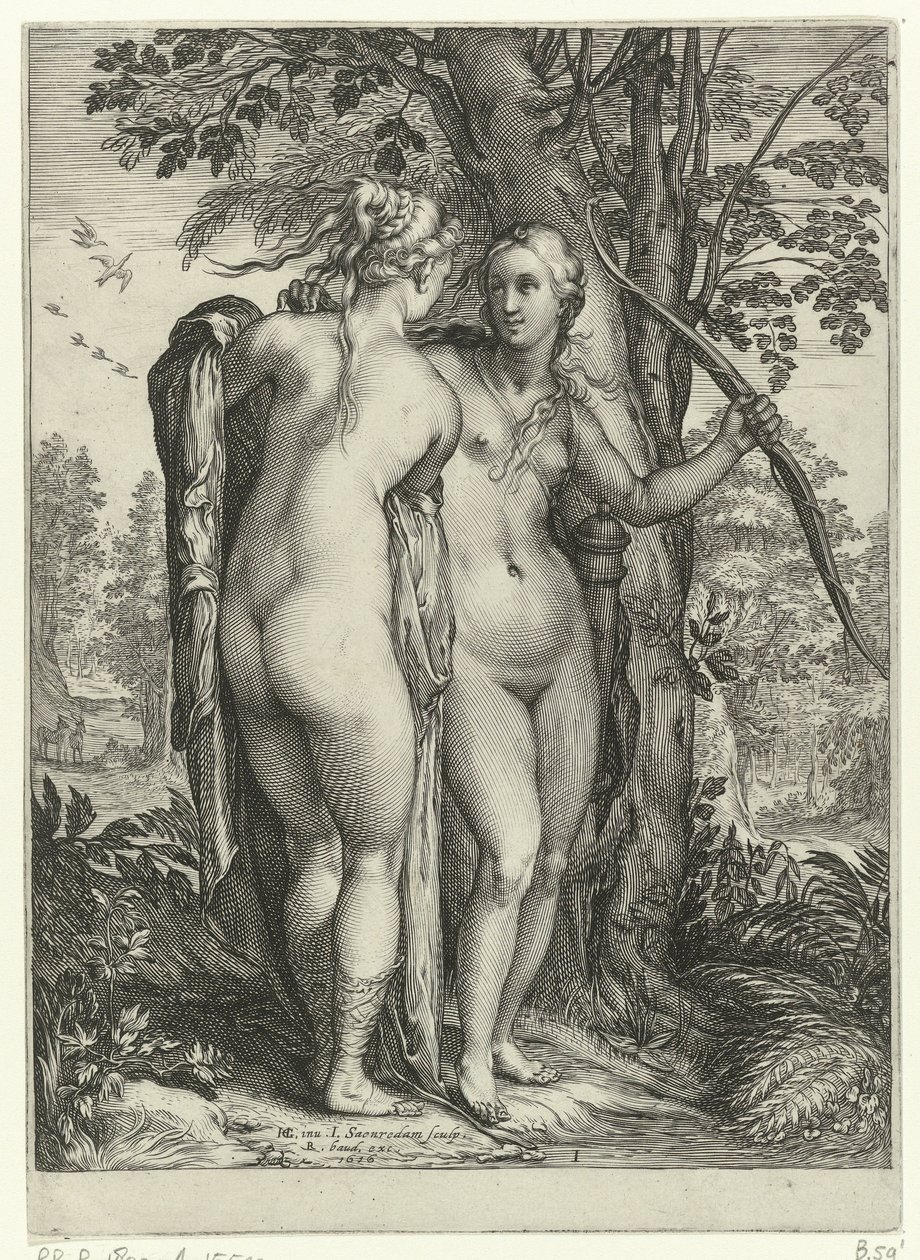 Diana e una ninfa davanti a un albero (serie Diana en haar nimfen) da Jan Saenredam