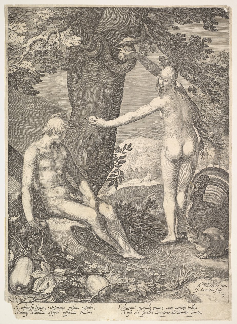Eva che dà ad Adamo il frutto proibito, dalla Storia di Adamo ed Eva da Jan Saenredam