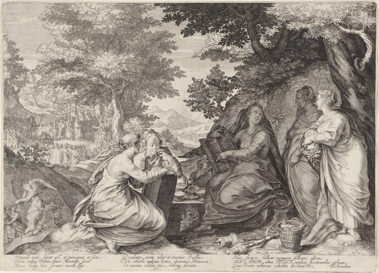 Cinque vergini sagge in un paesaggio con la predicazione di Giovanni Battista (serie Parabola delle vergini sagge e stolte) da Jan Saenredam