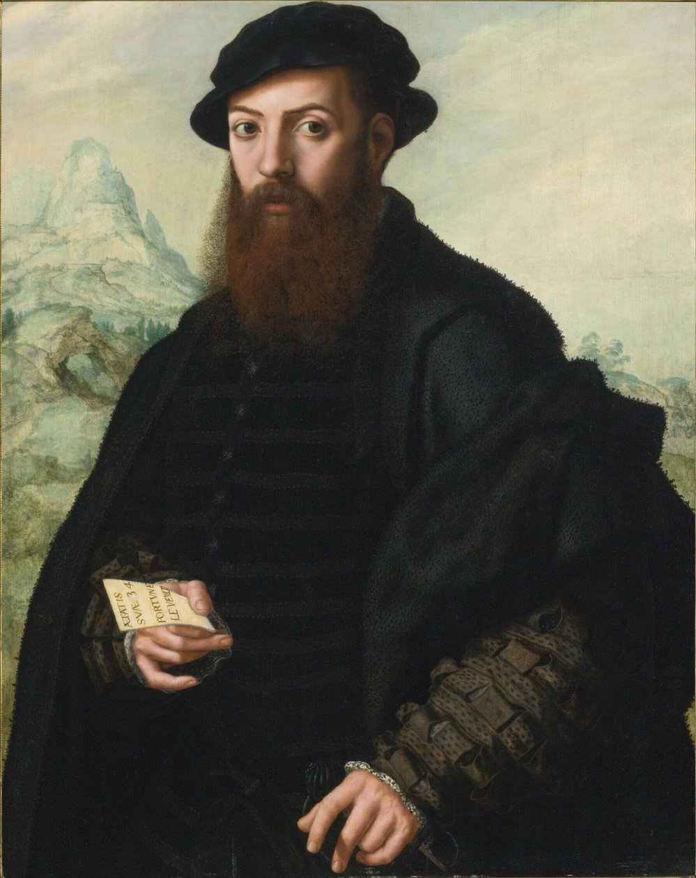Ritratto di un uomo barbuto, di 34 anni, davanti a un ampio paesaggio da Jan Sanders van Hemessen