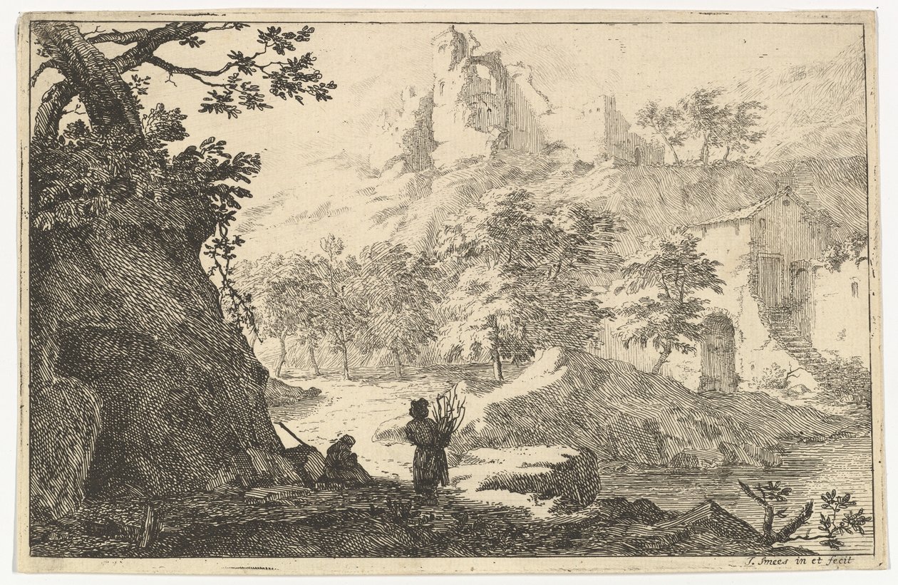 Paesaggio con rovine di un castello su una collina da Jan Smees