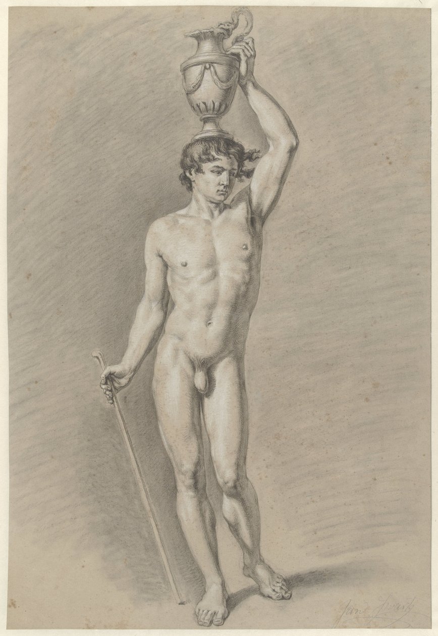 Nudo maschile in piedi con un vaso sulla testa da Jan Swart
