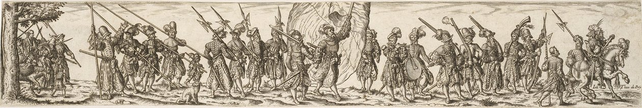 Processione di soldati, al centro un portabandiera da Jan Theodor de Bry