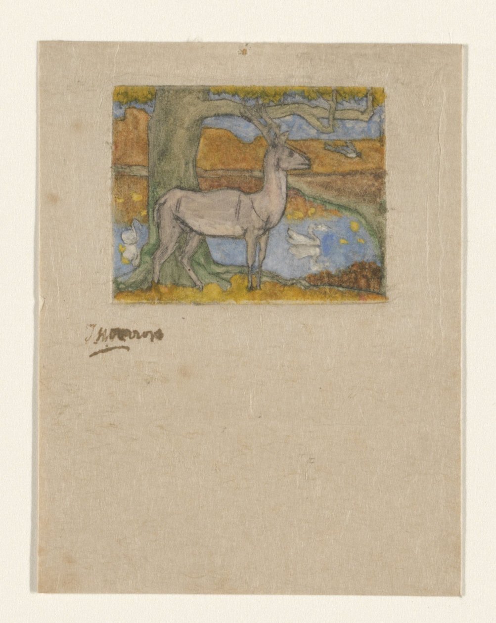 Cervo vicino a un albero davanti a uno stagno da Jan Toorop (signed by artist)