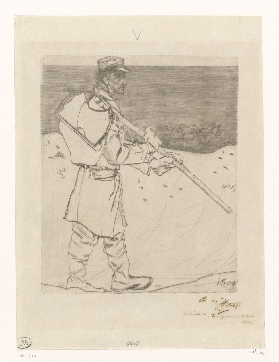 Pescatore di conchiglie con rete sulla spiaggia di Katwijk aan Zee da Jan Toorop (signed by artist)