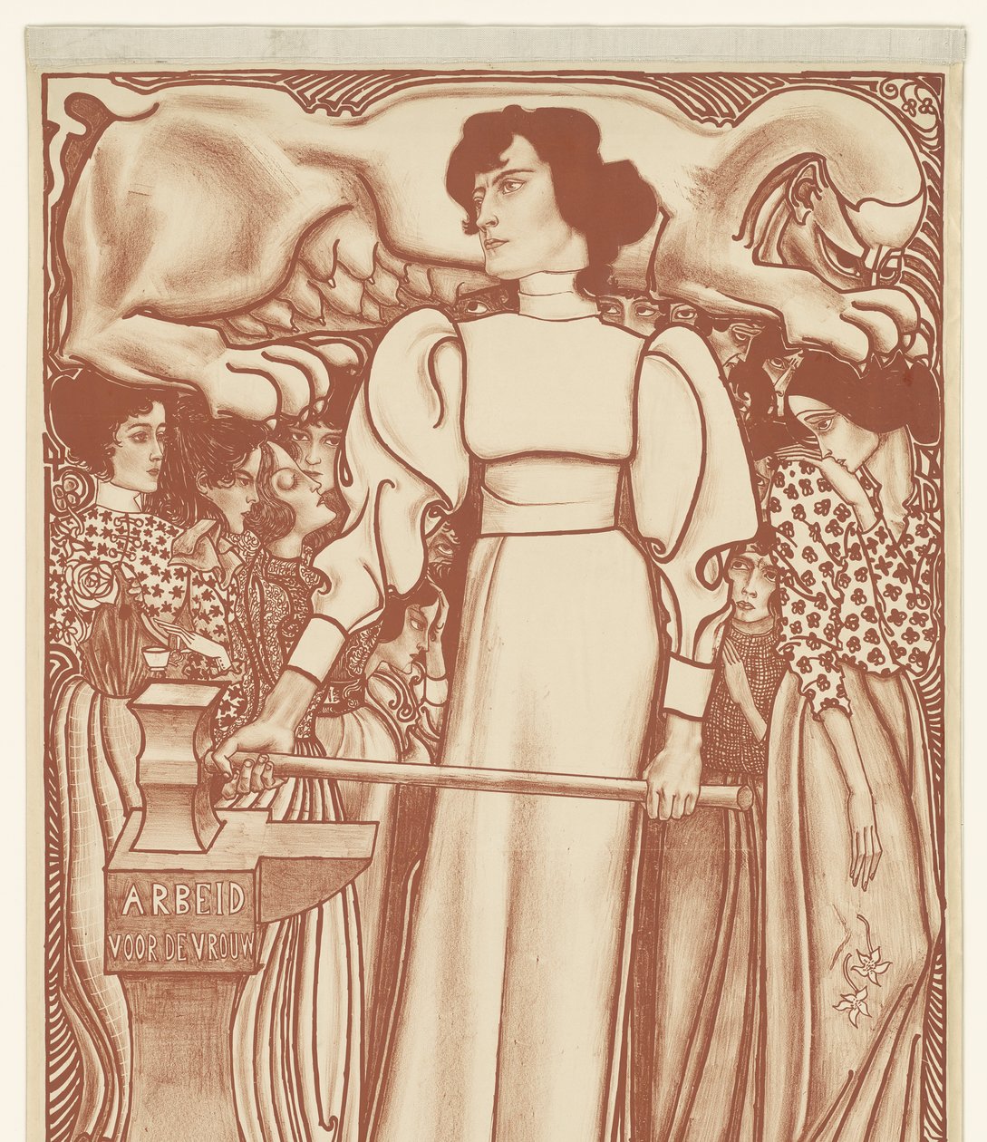 Lavoro per la donna. Biglietti della Mostra nazionale del lavoro femminile a 50 centesimi sul terreno e nei depositi disponibili. Primo premio un gioiello del valore di f.1000,- da Jan Toorop