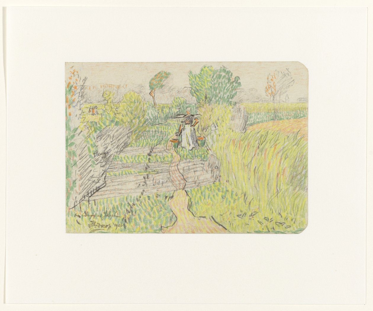 Contadina con giogo e secchi di latte sulle spalle, camminando attraverso un campo di grano da Jan Toorop