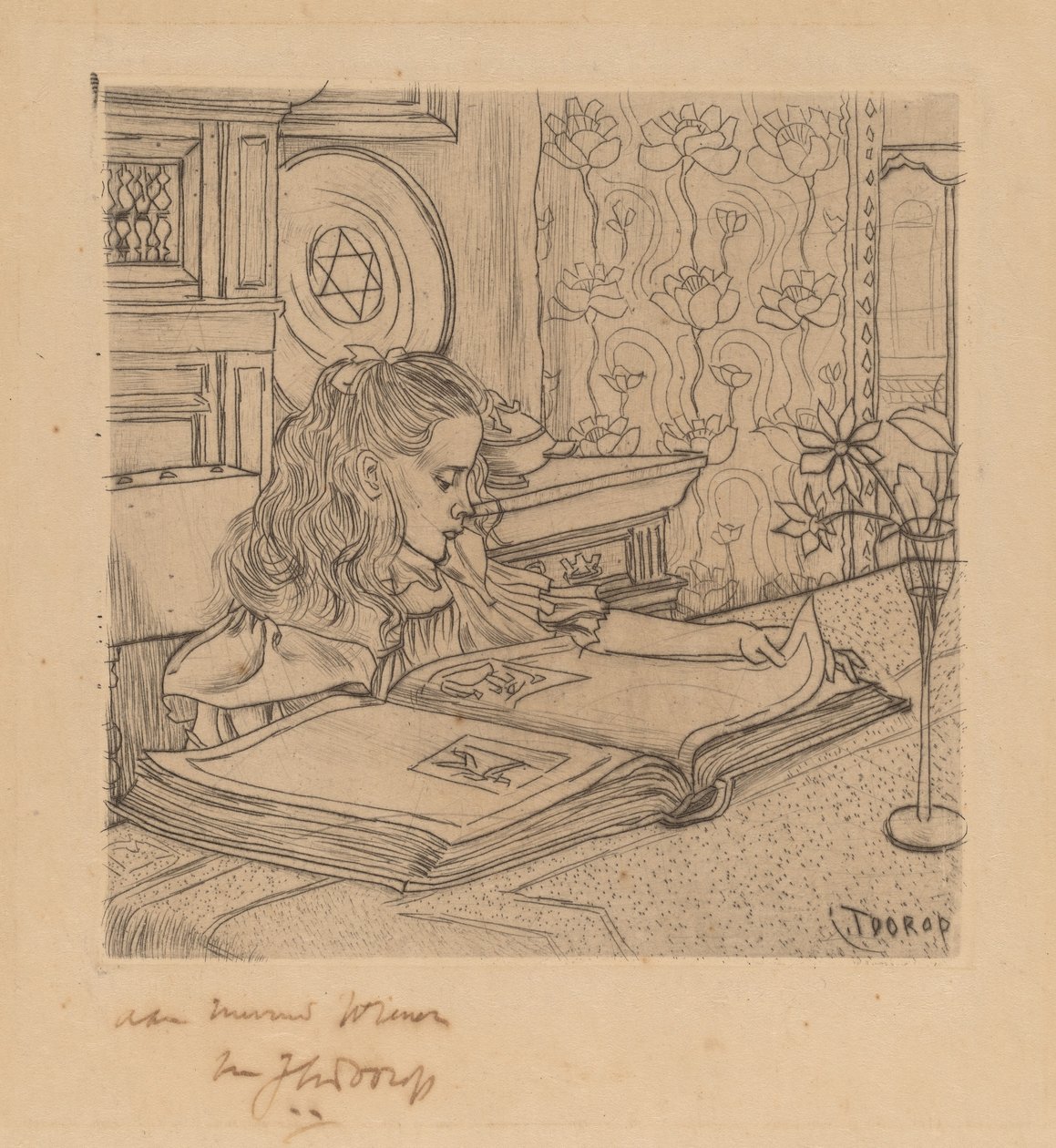 Charley che guarda un album di stampe da Jan Toorop