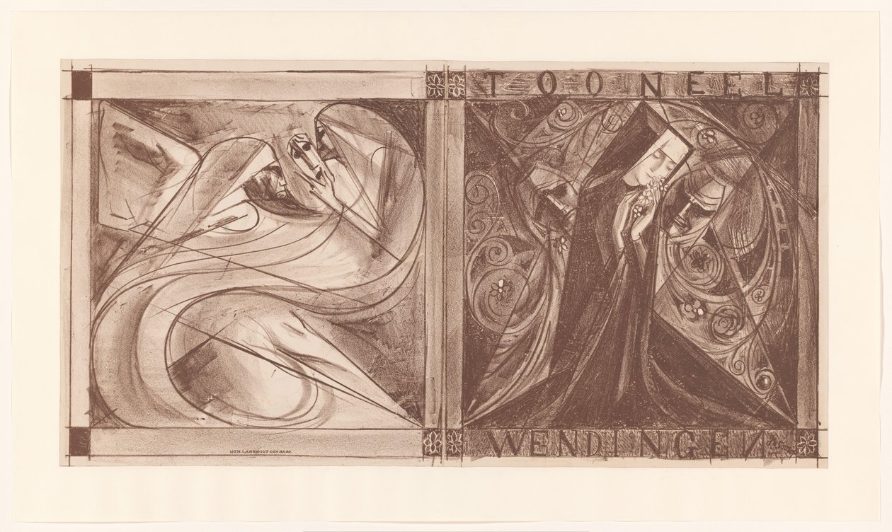 Copertina per Wendingen con una suora con fiori e due spiriti, uno dei quali con una maschera in mano da Jan Toorop