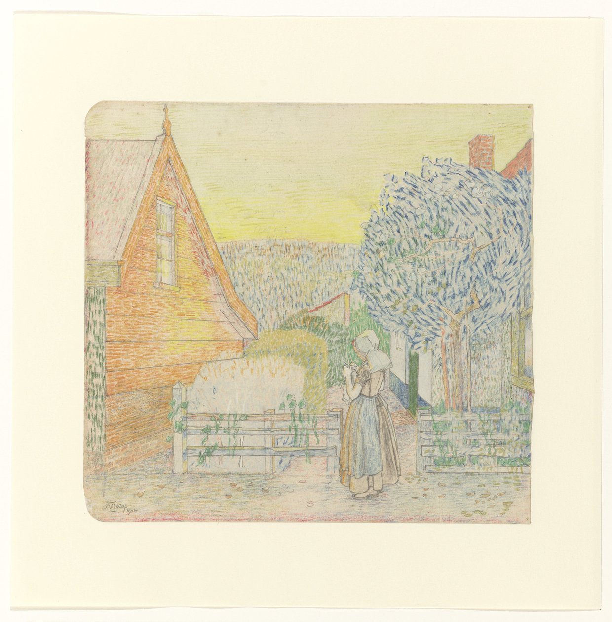 Ragazza zelandese che lavora a maglia in un cortile da Jan Toorop