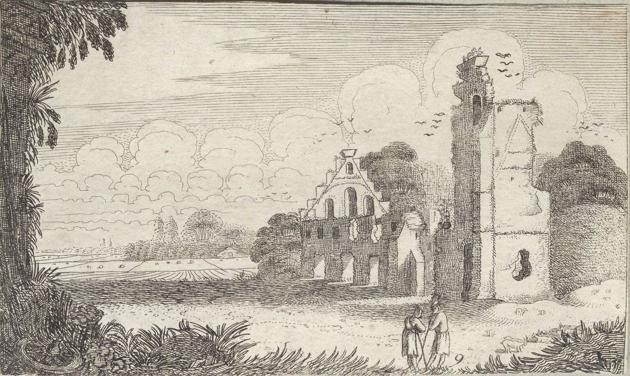 Paesaggio con una chiesa in rovina e due pastori in conversazione da Jan Van de Velde