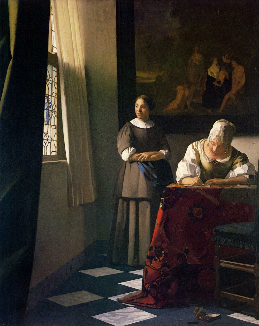 Signora che scrive una lettera con la sua cameriera da Jan Vermeer van Delft