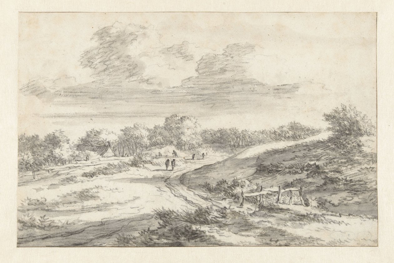 Paesaggio di dune con figure lungo una strada, con un cottage in lontananza da Jan Vermeer van Haarlem (I) (attributed to)