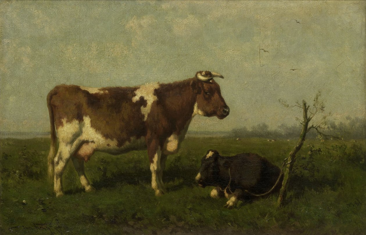Mucca con il suo vitello in un prato da Johannes Martinus Vrolijk