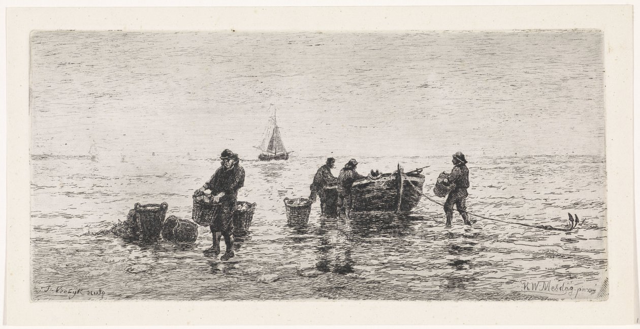 Pescatori che svuotano una barca sulla spiaggia da Johannes Martinus Vrolijk