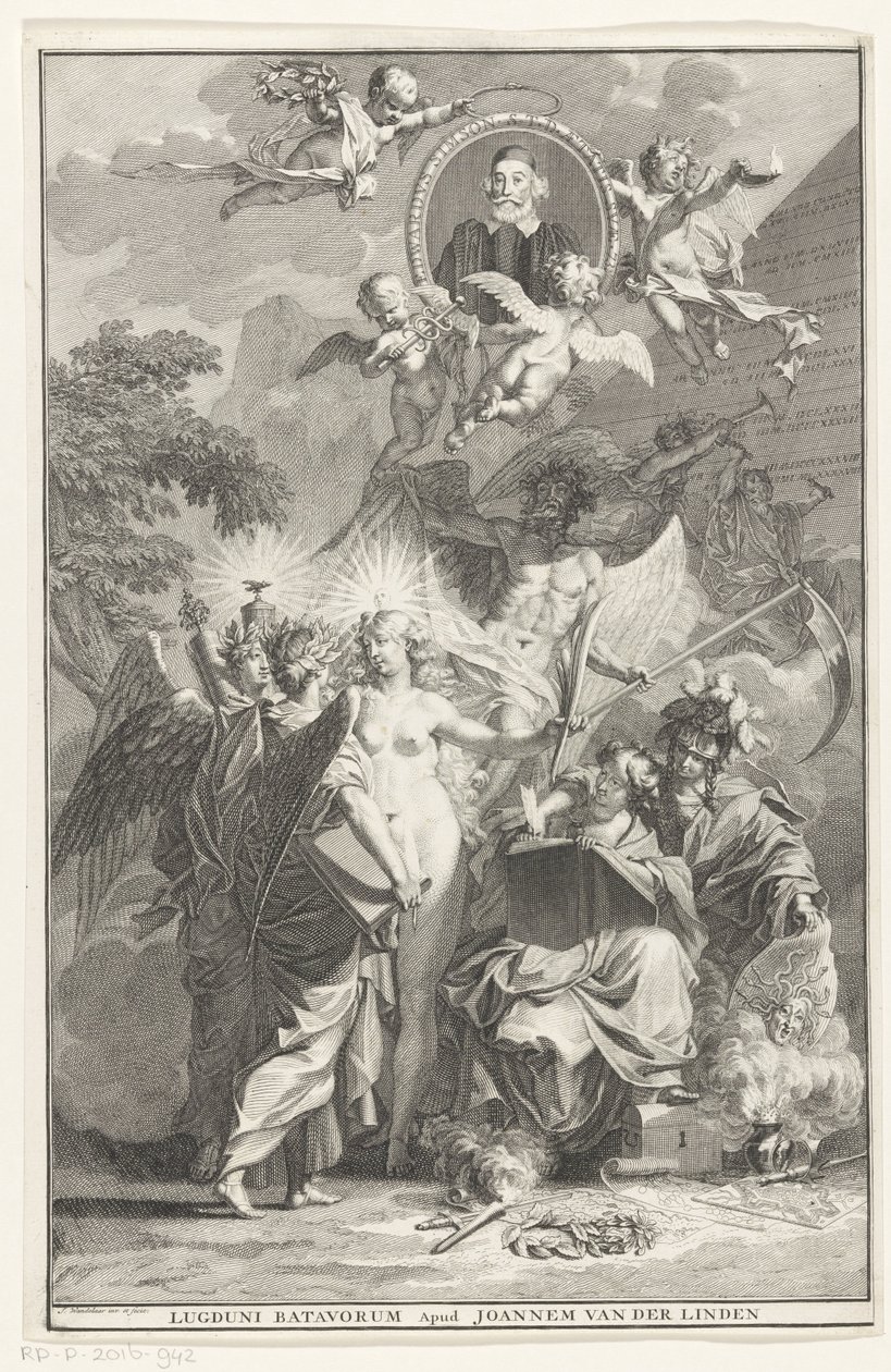 Pagina del titolo allegorica con il ritratto dello scrittore Edward Simson da Jan Wandelaar