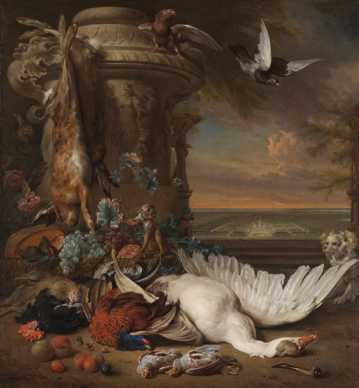 Natura morta di caccia e frutta accanto a un vaso da giardino, con una scimmia, un cane e due colombe, in lontananza Rijksdorp vicino a Wassenaar, sede di Jacob Emmery, barone di Wassenaar da Jan Baptist Weenix