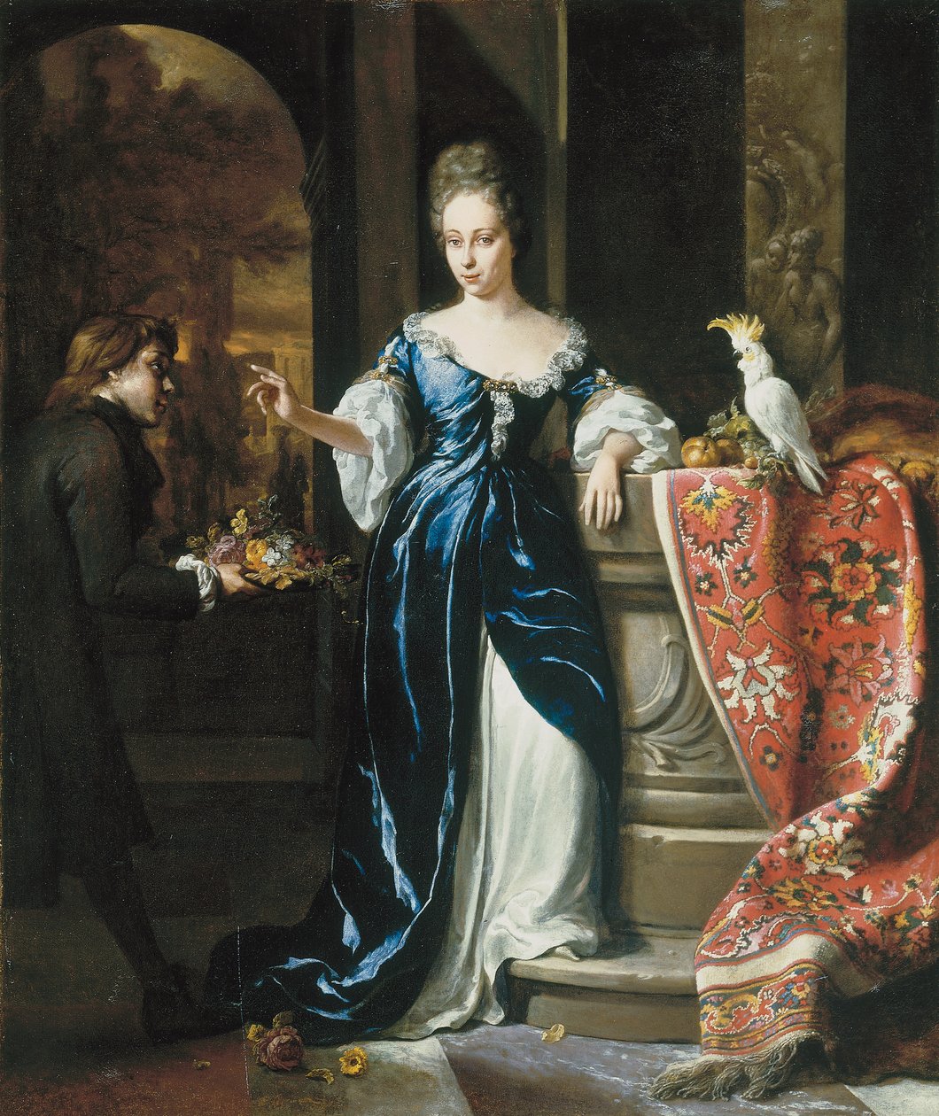 Ritratto di Lodewina Schey in un vestito blu, con un assistente che porta fiori da Jan Baptist Weenix