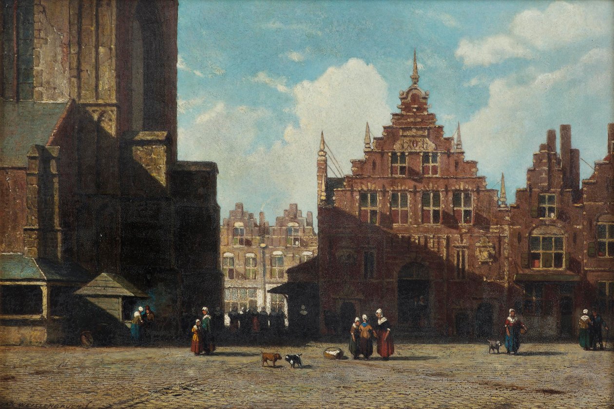 Vista illuminata dal sole del Grote Markt con la chiesa di San Bavo e il Vleeshal, Haarlem da Jan Weissenbruch