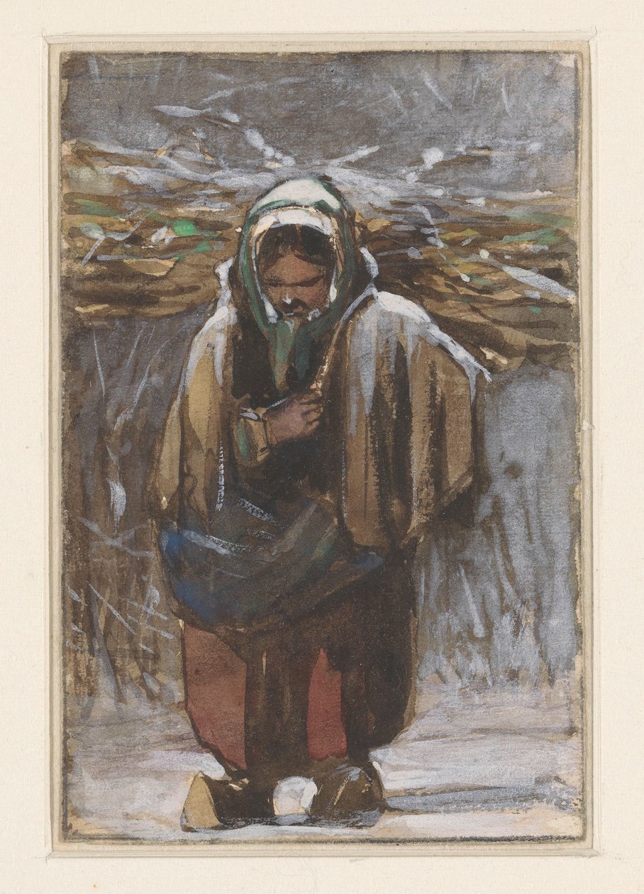 Contadina con fascina di legna sulla schiena in paesaggio invernale da Jan Weissenbruch