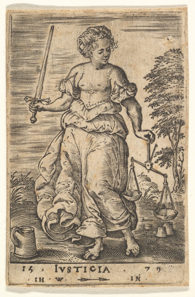 Giustizia, una figura allegorica che tiene una bilancia nella mano sinistra e una spada nella destra, 1579 da Jan Wierix