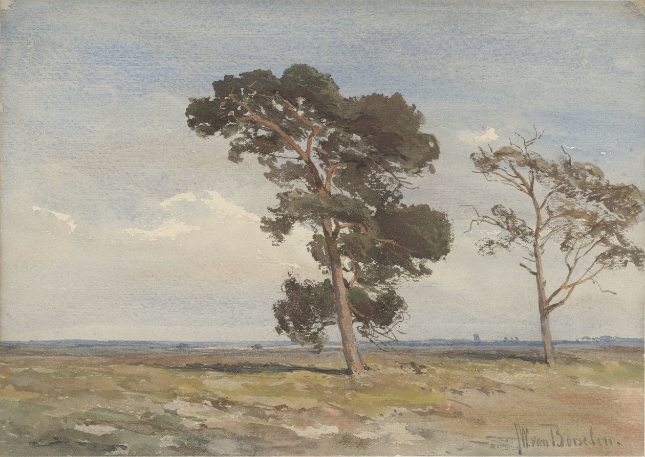 Vista sulla brughiera con due alberi da Jan Willem van Borselen