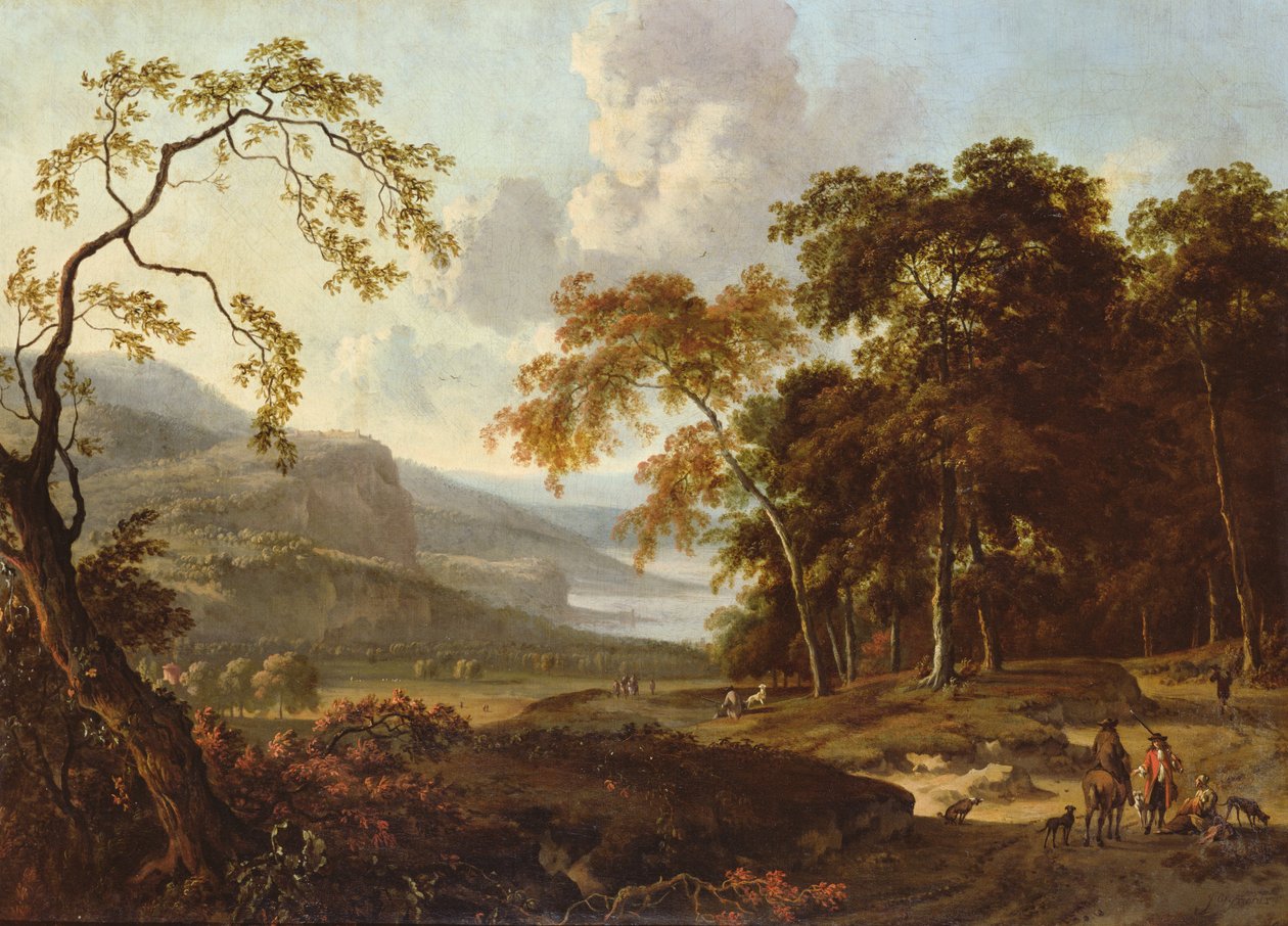 Una festa di caccia in un paesaggio classico, c.1672-77 da Jan Wiynants