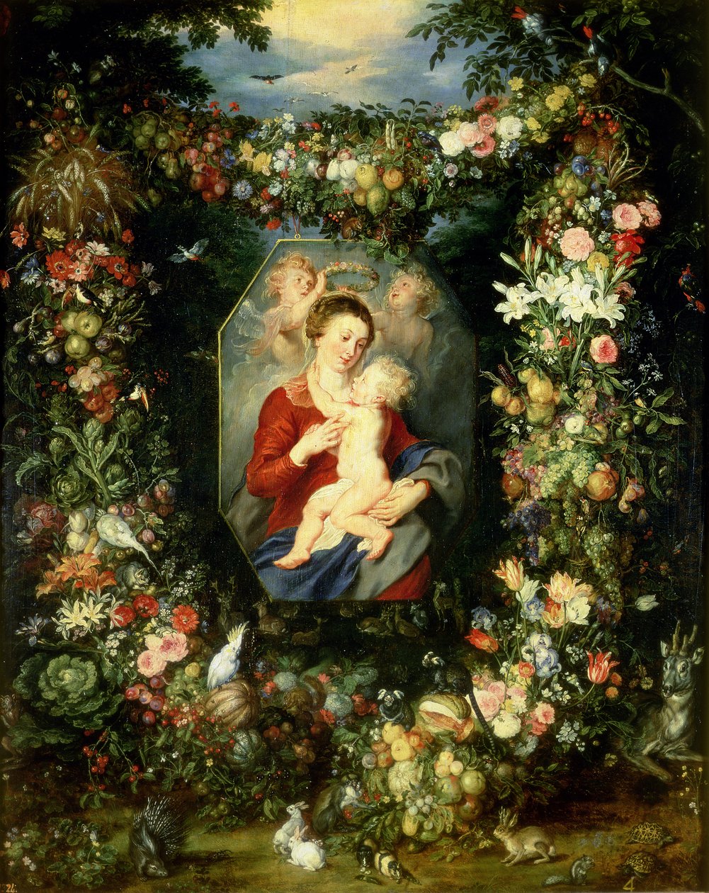 La Vergine e il bambino in una ghirlanda di frutta e fiori, c.1614-18 da Jan and Rubens, P.P. Brueghel