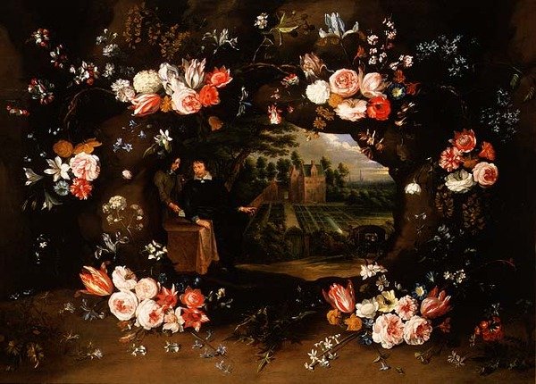 Ghirlanda di Fiori che Circonda un Medaglione Rappresentante Nicolas de Man davanti alla sua Proprietà ad Anversa, 1653 da Jan and Uden Brueghel