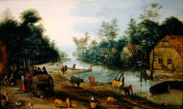 Paesaggio fluviale boscoso in estate con viaggiatori che arrivano a una locanda (olio su pannello) da Jan the Elder (circle of) Brueghel