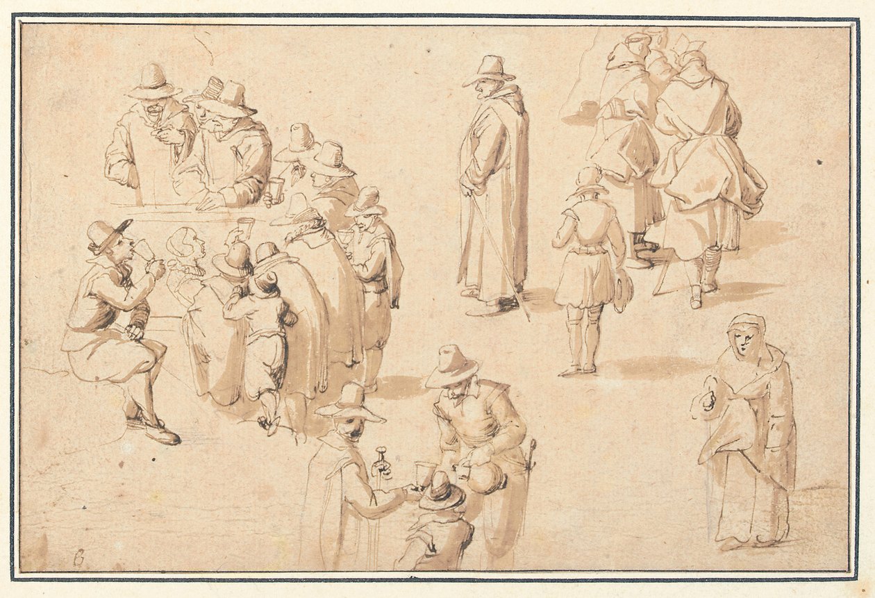Una fontana a Spa con studi di figure eleganti che prendono le acque e di due monaci e un prete da Jan the Elder Brueghel