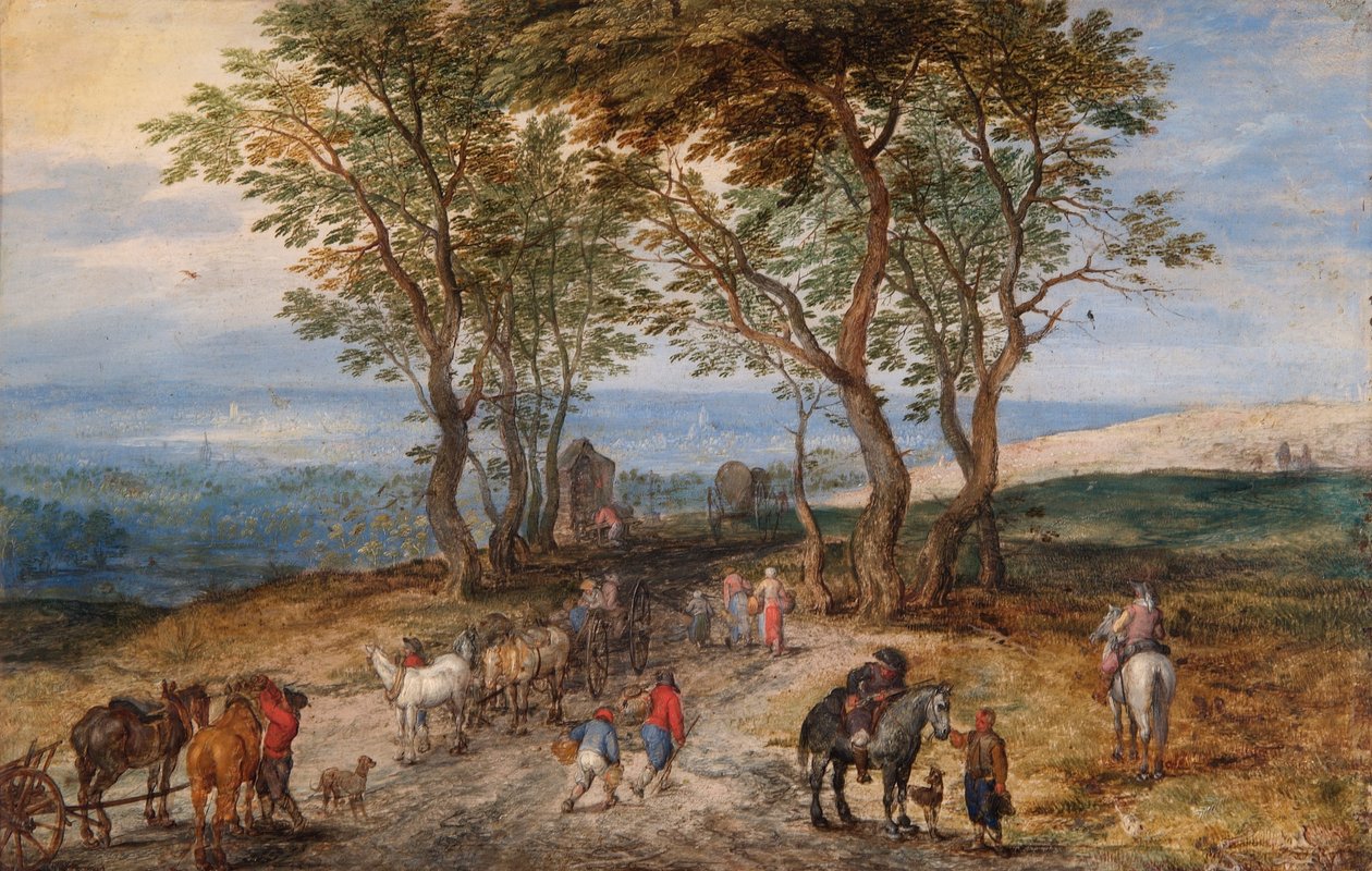 Scena di strada di campagna con figure: un uomo che prega a un santuario, c.1610 da Jan the Elder Brueghel