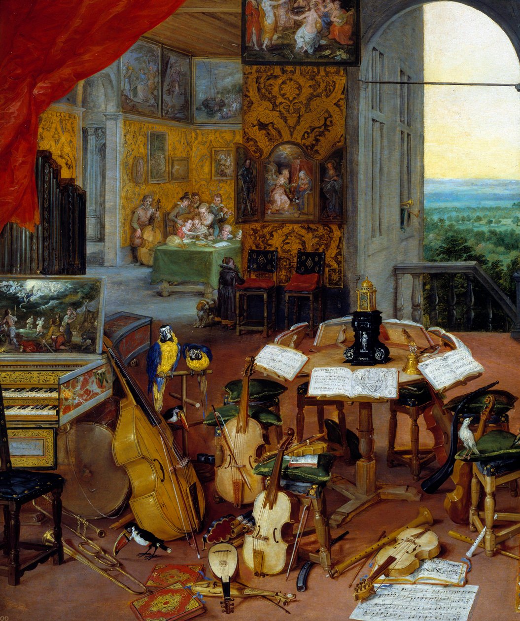Dettaglio udito che rappresenta strumenti musicali (violoncello, violino, liuto, flauto, clavicembalo). da Jan the Elder Brueghel