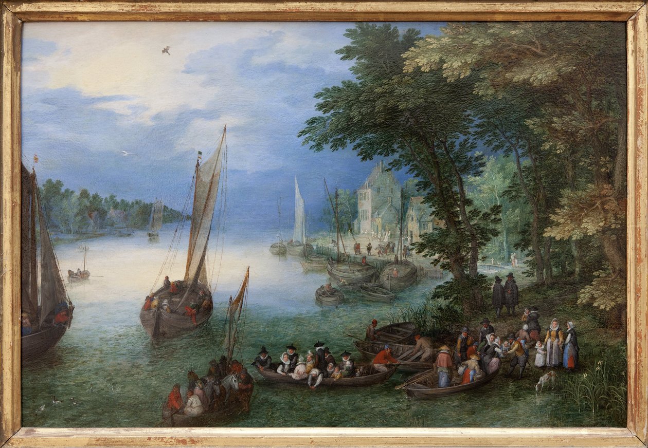 Scena fluviale o il trasporto, dipinto a olio su rame di Jan Brueghel, detto Brueghel di Velluto da Jan the Elder Brueghel