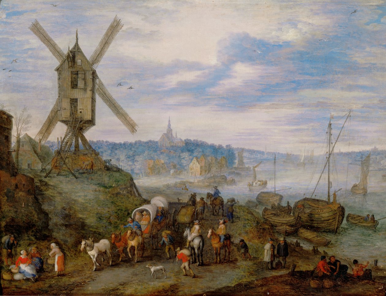 Porto marittimo con mulino a vento ... da Jan the Elder Brueghel