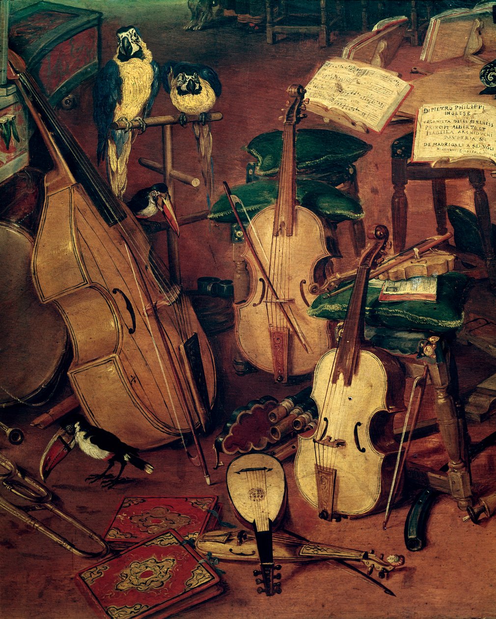 Corde e pappagalli, dettaglio di Allegoria dei cinque sensi da Jan the Elder Brueghel