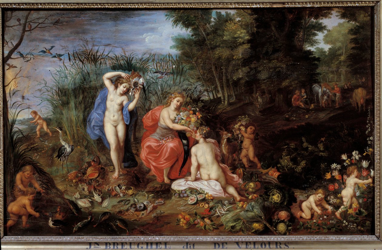 I quattro elementi: Tre Grazie in un paesaggio forestale con verdure, frutta, pesci e crostacei da Jan the Elder Brueghel