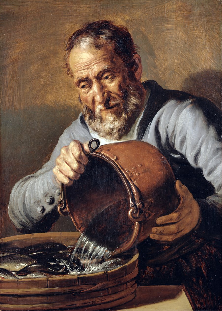 Acqua e Vecchiaia: Pescivendolo con Secchio e Vasca di Pesci, 1623-25 da Jan the Elder Lievens