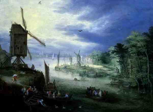 Paesaggio fluviale con mulini a vento da Jan the Younger Brueghel